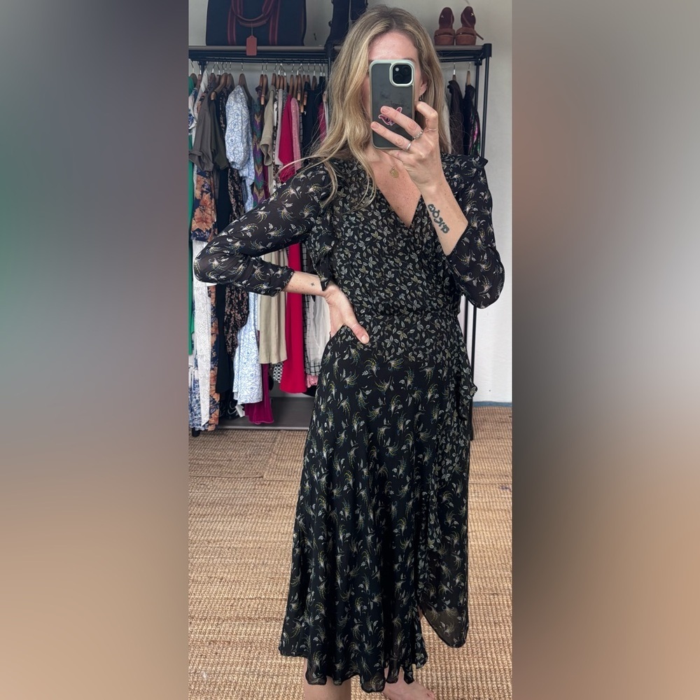 Anthropologie Bailey 44 Ophelia Black Floral Print Ruffle Midi V Neck Boho Dress - Picture 5 of 15